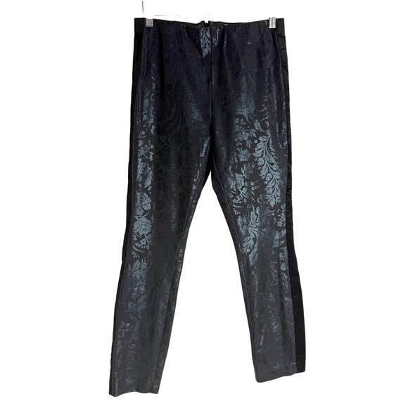 Anthropologie Essential Skinny Black Floral Brocade Velvet Tuxedo Stripe Pants - Picture 1 of 10